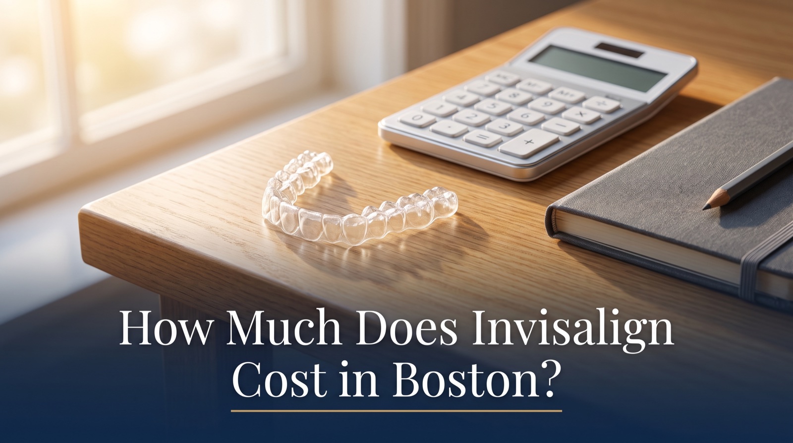 Clear aligner beside a calculator with the title How Much Does Invisalign Cost in Boston