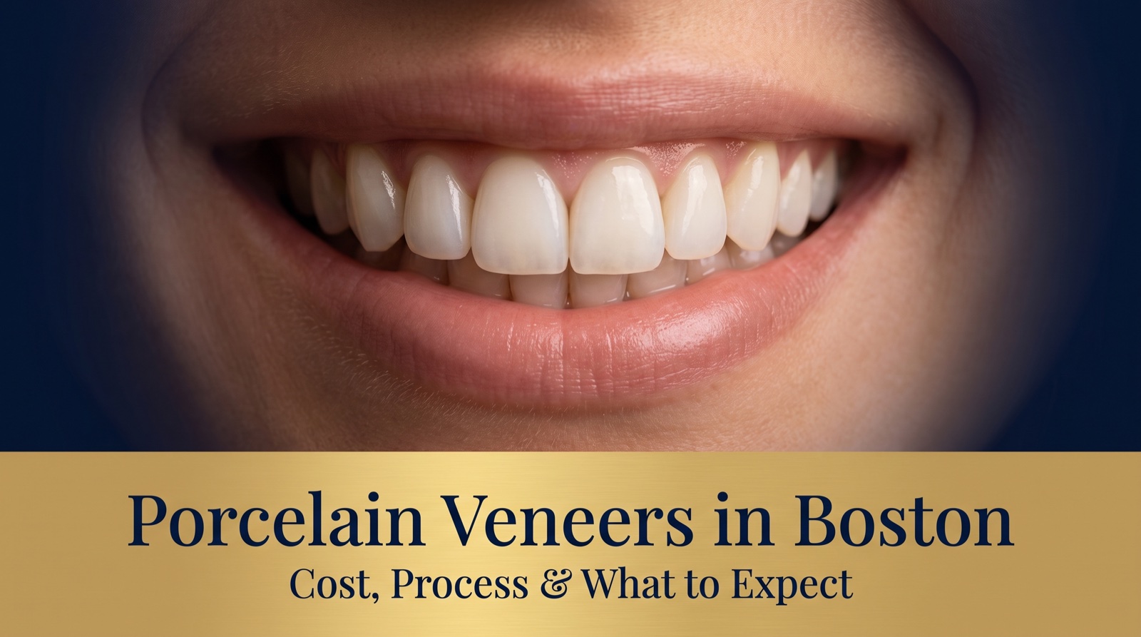 Natural smile with porcelain veneers above a gold panel reading Porcelain Veneers in Boston